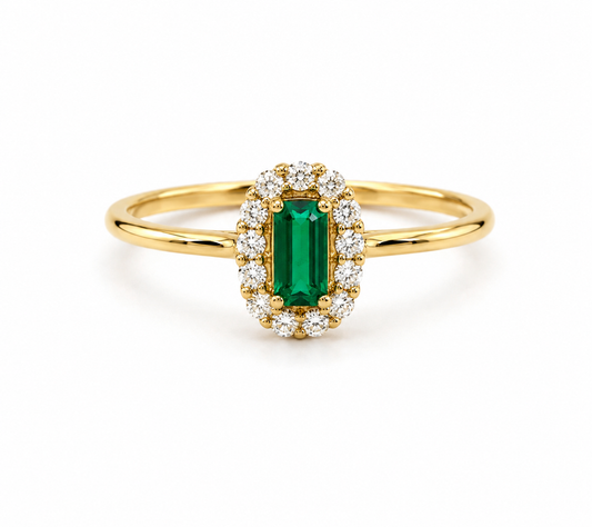 Anillo Halo Esmeralda 0.140Ct Diamante 0.060Ct Oro It Amarillo 1.43 Gr / Talla 6 1/4 / 1,47 Gr