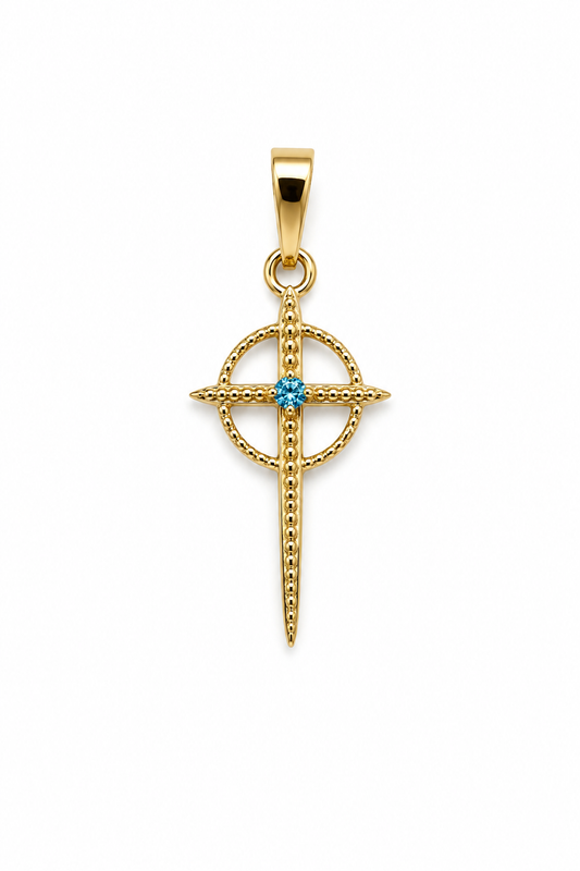 Dije Cruz Circon Azul Oro amarillo 18k 0,49 Gr / 10 mm / 2 Cm