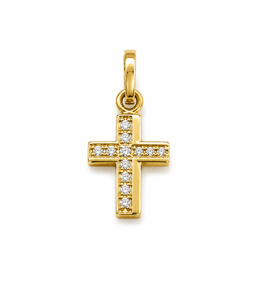 Dije Cruz Circon Blanco Oro amarillo 18k 1,50 Gr / 11 mm / 1,9 Cm