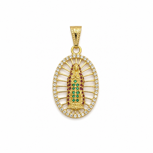 Dije Virgen Guadalupe Circon verde, blanco y rosa Oro amarillo 18k 2,23 Gr / 14,18 mm / 2 Cm