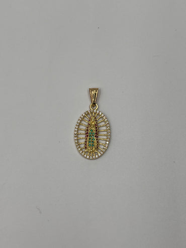 Dije Virgen Guadalupe Circon verde, blanco y rosa Oro amarillo 18k 2,23 Gr / 14,18 mm / 2 Cm