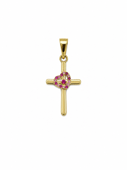 Dije Cruz Corazon Circon Rosa Oro amarillo 18k 1,25 Gr / 15,20 mm / 2,5 Cm