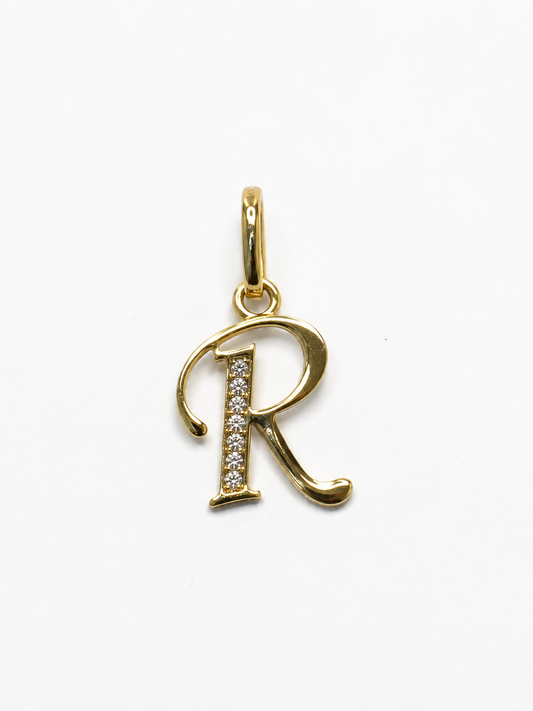 Dije Letra R Circon Blanco Oro amarillo 18k 0,66 Gr / 9,4 mm / 1,1 Cm