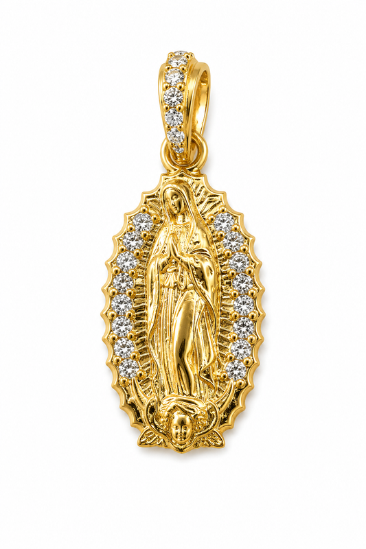 Dije Virgen Guadalupe Circon Blanco Oro amarillo 18k 1,13 Gr / 9 mm / 1,9 Cm