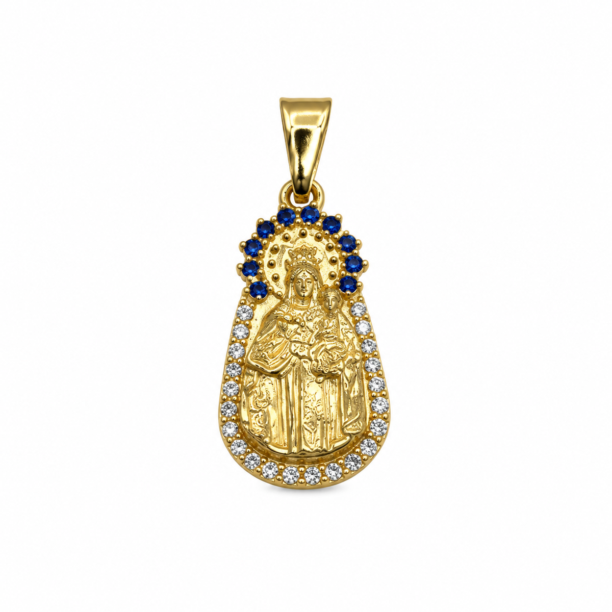 Dije Virgen Del Carmen Circon Blanco y Azul  Oro amarillo 18k +2 / 1,89 Gr / 11,4 mm / 2,2 Cm