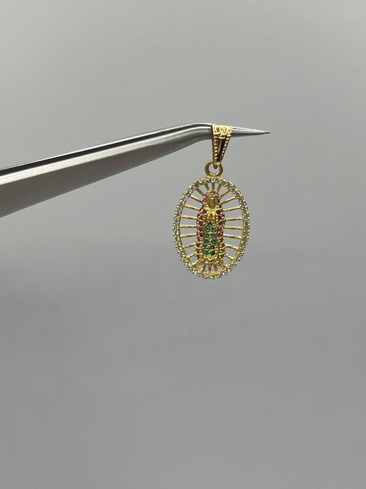Dije Virgen Guadalupe Circon verde, blanco y rosa Oro amarillo 18k 2,23 Gr / 14,18 mm / 2 Cm