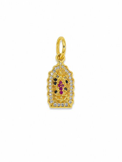 Dije Virgen Guadalupe circon verde y rojo Oro amarillo 18k 1,91 Gr / 9 mm / 1,8 Cm