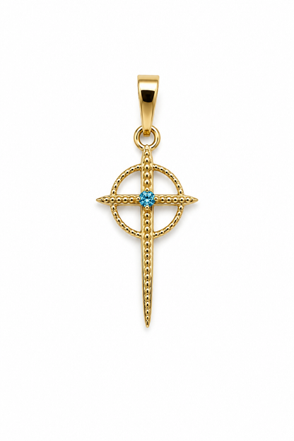 Dije Cruz Circon Azul Oro amarillo 18k 0,49 Gr / 10 mm / 2 Cm