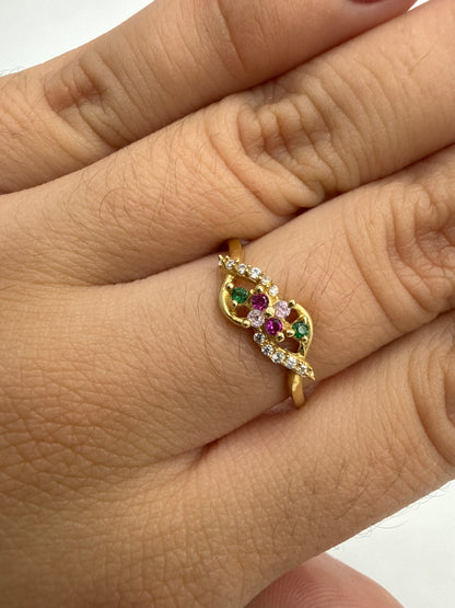 Anillo Circon Rosa y Verde Oro amarillo 18k / Talla 7 / 2,18 Gr / 5,5 mm