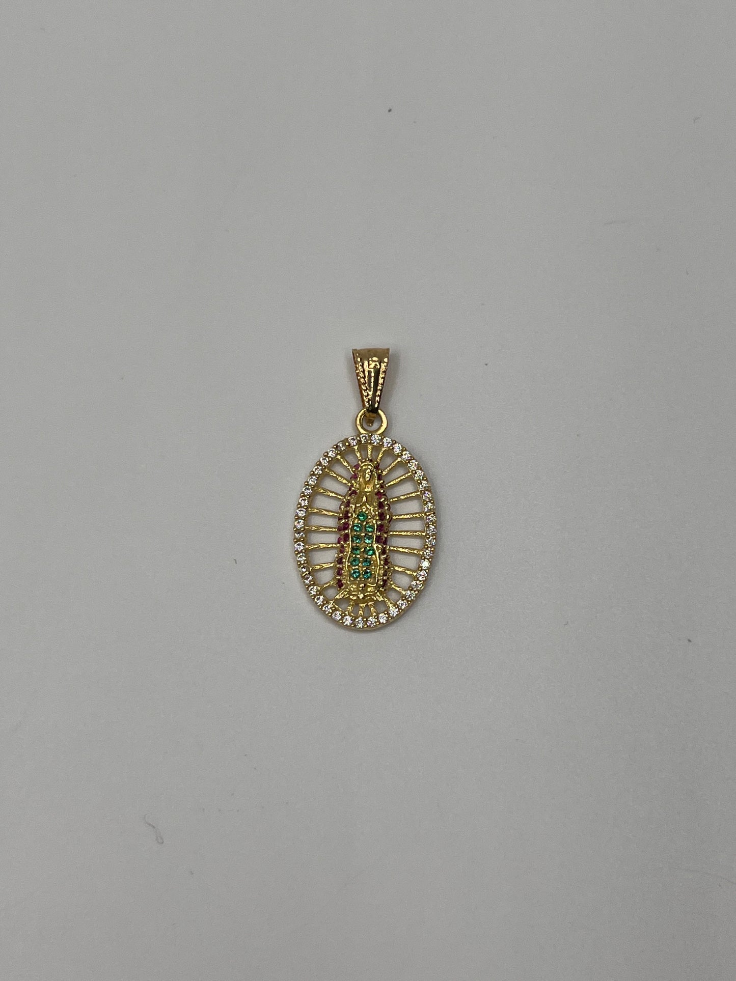 Dije Virgen Guadalupe Circon verde, blanco y rosa Oro amarillo 18k 2,23 Gr / 14,18 mm / 2 Cm