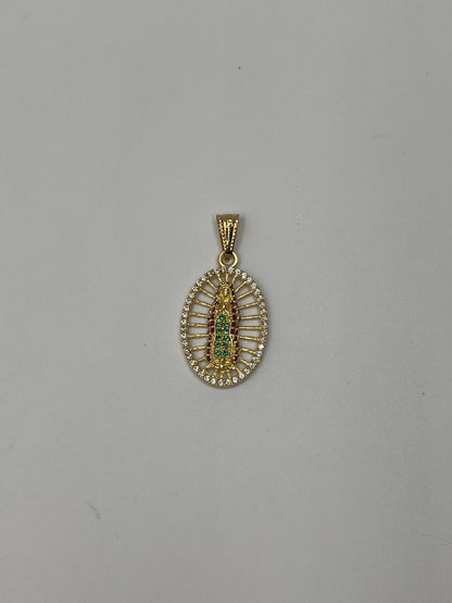 Dije Virgen Guadalupe Circon verde, blanco y rosa Oro amarillo 18k 2,23 Gr / 14,18 mm / 2 Cm