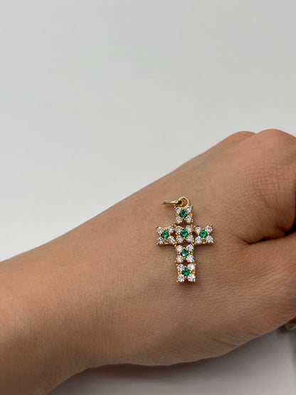 Dije Cruz Circon Blanco y Verde Oro amarillo 18k 3,62 Gr / 14,95 mm / 2 Cm