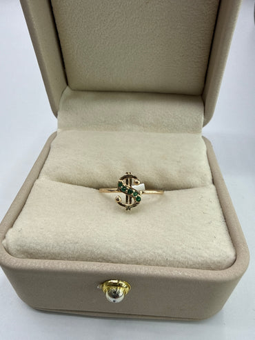 Anillo Signo Peso Circon Blanco y Verde Oro amarillo 18k / Talla 6 / 1,08 Gr / 9,8 mm