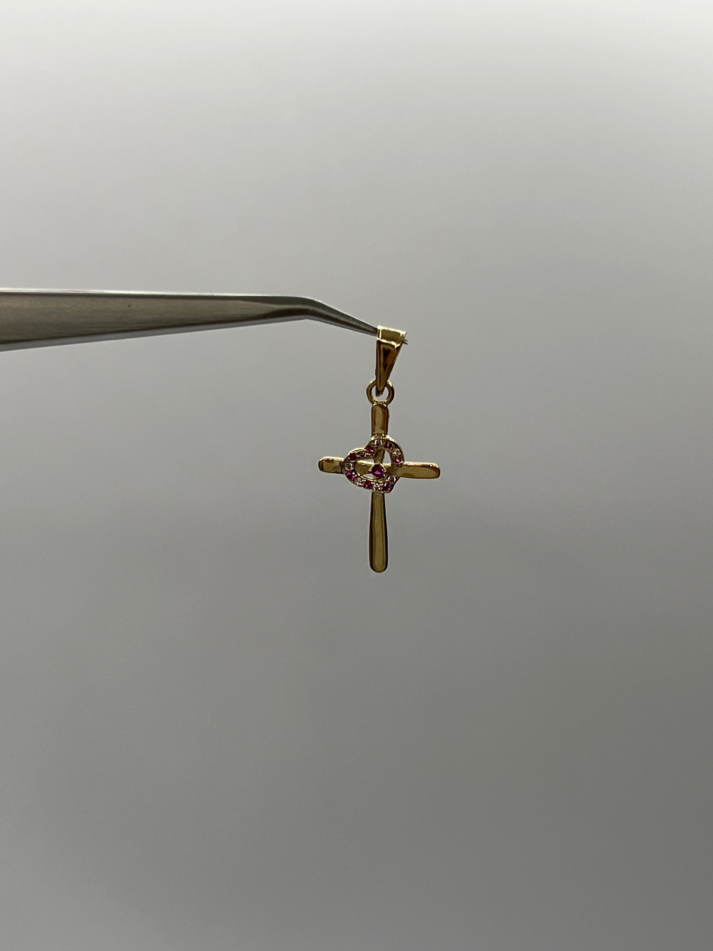 Dije Cruz Corazon Circon Rosa Oro amarillo 18k 1,25 Gr / 15,20 mm / 2,5 Cm