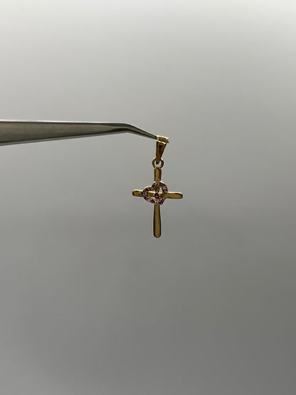 Dije Cruz Corazon Circon Rosa Oro amarillo 18k 1,25 Gr / 15,20 mm / 2,5 Cm
