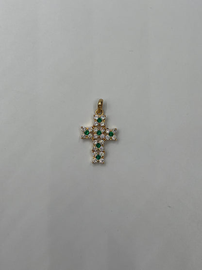 Dije Cruz Circon Blanco y Verde Oro amarillo 18k 3,62 Gr / 14,95 mm / 2 Cm
