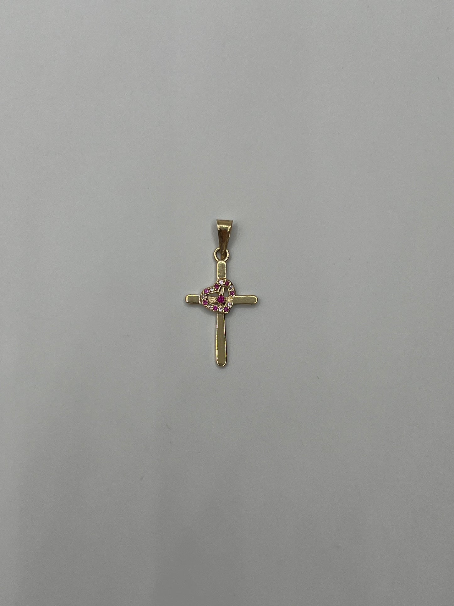 Dije Cruz Corazon Circon Rosa Oro amarillo 18k 1,25 Gr / 15,20 mm / 2,5 Cm
