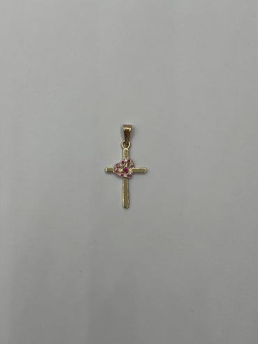 Dije Cruz Corazon Circon Rosa Oro amarillo 18k 1,25 Gr / 15,20 mm / 2,5 Cm