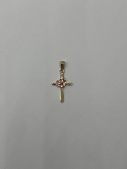 Dije Cruz Corazon Circon Rosa Oro amarillo 18k 1,25 Gr / 15,20 mm / 2,5 Cm