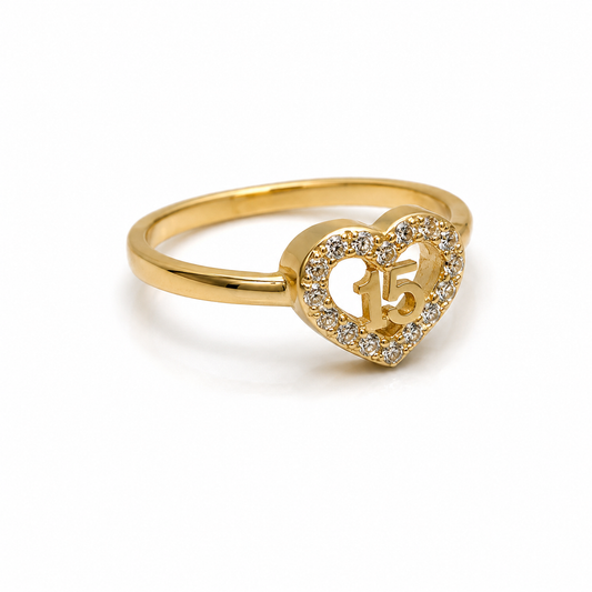Anillo 15´s corazón circon blanco Oro amarillo 18k / Talla 5 / 2,56 Gr / 8,15 mm
