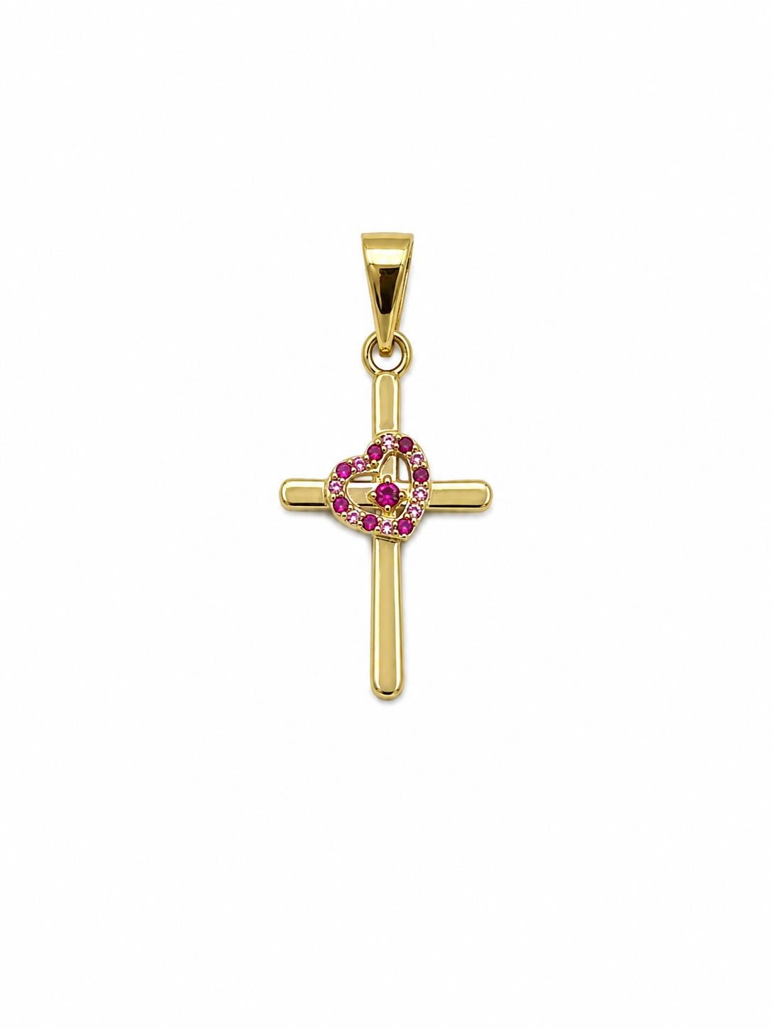 Dije Cruz Corazon Circon Rosa Oro amarillo 18k 1,25 Gr / 15,20 mm / 2,5 Cm