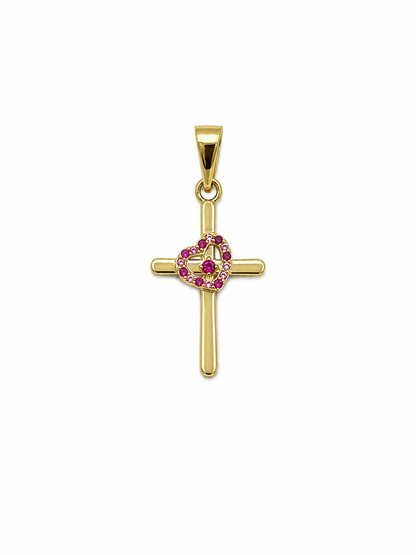 Dije Cruz Corazon Circon Rosa Oro amarillo 18k 1,25 Gr / 15,20 mm / 2,5 Cm