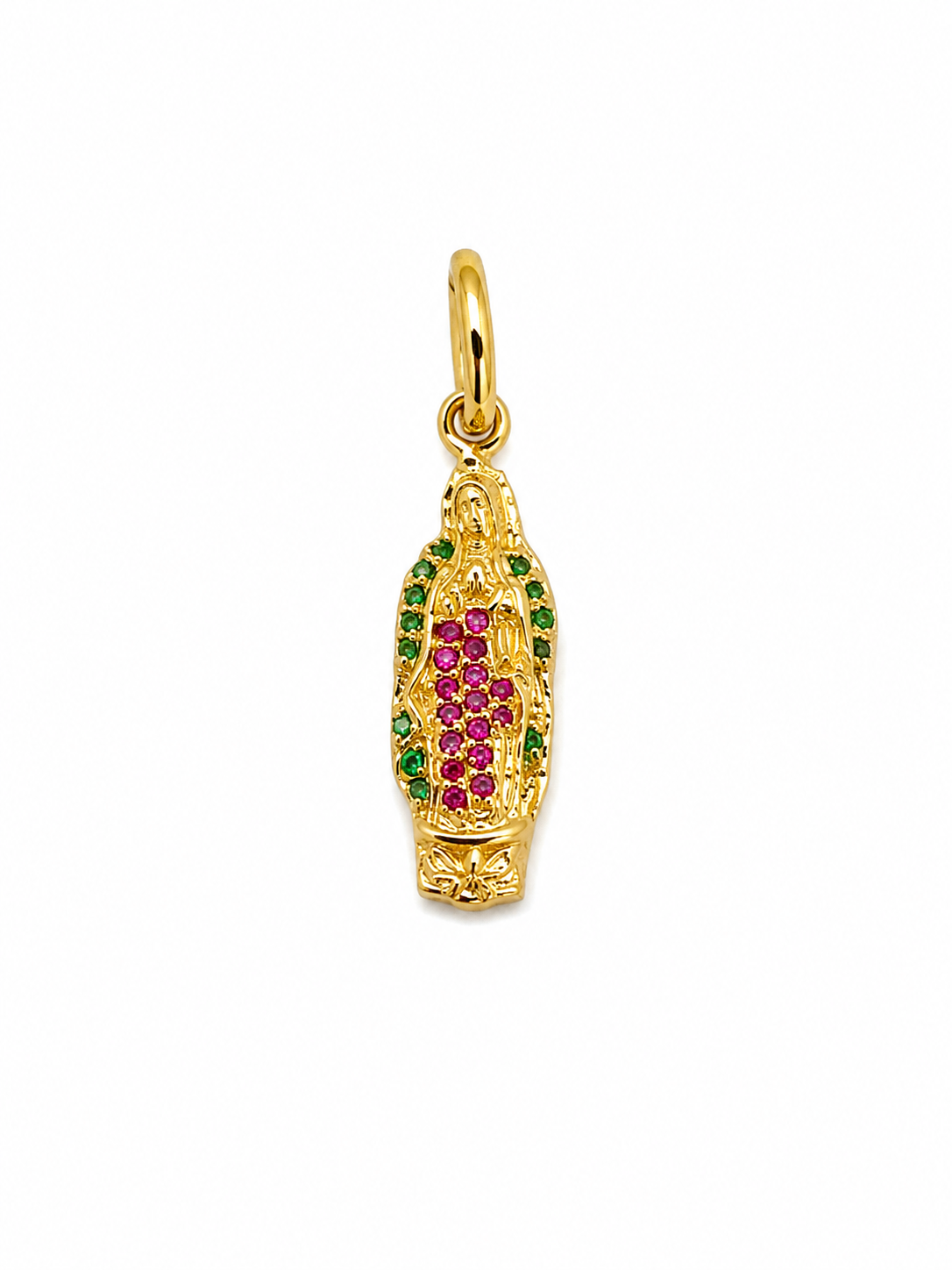 Dije Virgen Guadalupe circon verde y rojo Oro amarillo 18k 1,96 Gr / 7 mm / 2,4 Cm
