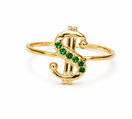 Anillo Signo Peso Circon Blanco y Verde Oro amarillo 18k / Talla 6 / 1,08 Gr / 9,8 mm
