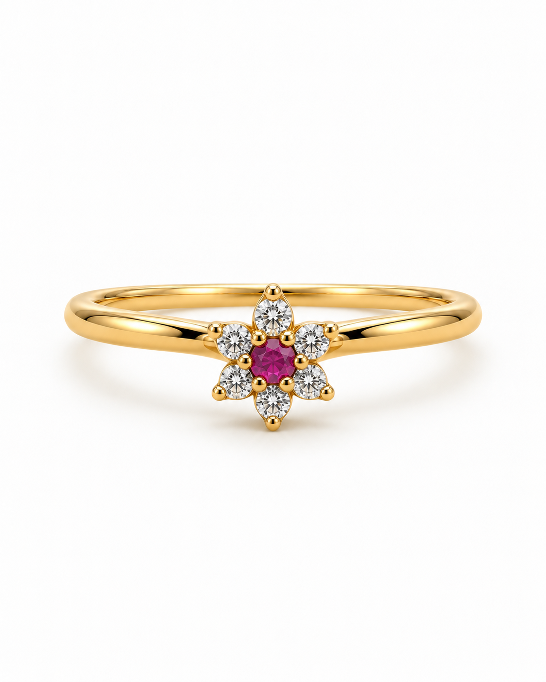 Anillo Flor Circon Blanco y Rojo Oro amarillo 18k / Talla 6 1/2 / 1,83 Gr / 5,7 mm