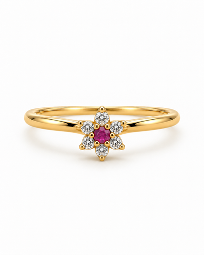 Anillo Flor Circon Blanco y Rojo Oro amarillo 18k / Talla 6 1/2 / 1,83 Gr / 5,7 mm