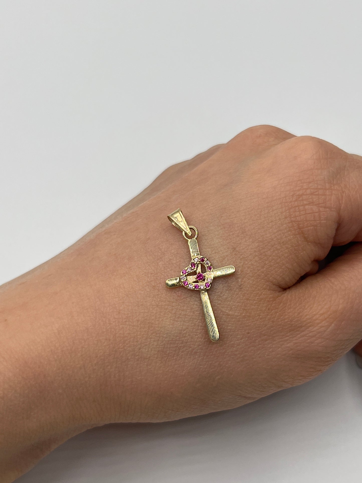Dije Cruz Corazon Circon Rosa Oro amarillo 18k 1,25 Gr / 15,20 mm / 2,5 Cm