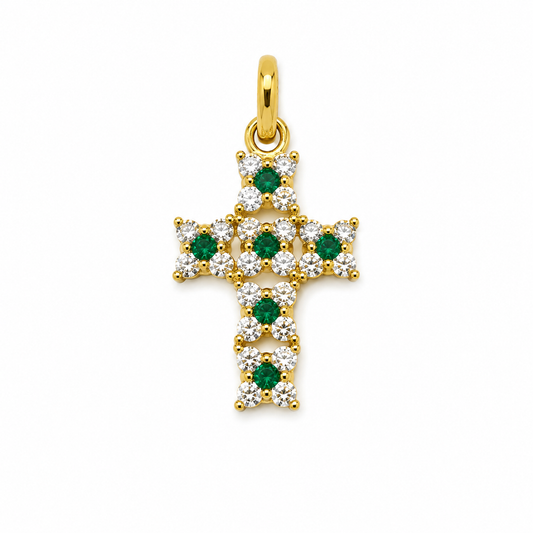 Dije Cruz Circon Blanco y Verde Oro amarillo 18k 3,62 Gr / 14,95 mm / 2 Cm
