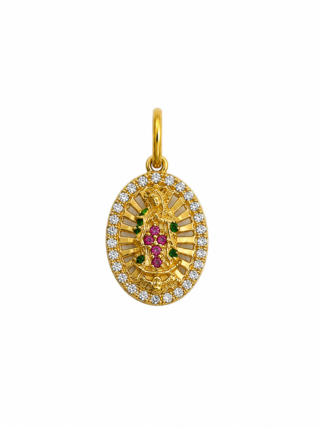 Dije Virgen Guadalupe circon verde y rojo Oro amarillo 18k 1,40 Gr / 10 mm / 2 Cm