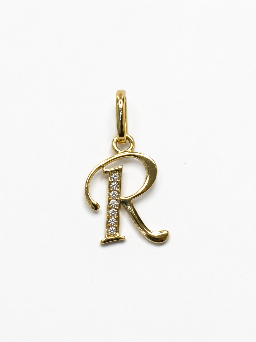 Dije Letra R Circon Blanco Oro amarillo 18k 0,66 Gr / 9,4 mm / 1,1 Cm