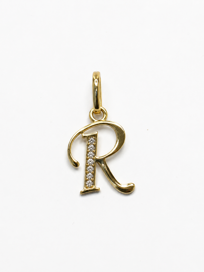 Dije Letra R Circon Blanco Oro amarillo 18k 0,66 Gr / 9,4 mm / 1,1 Cm