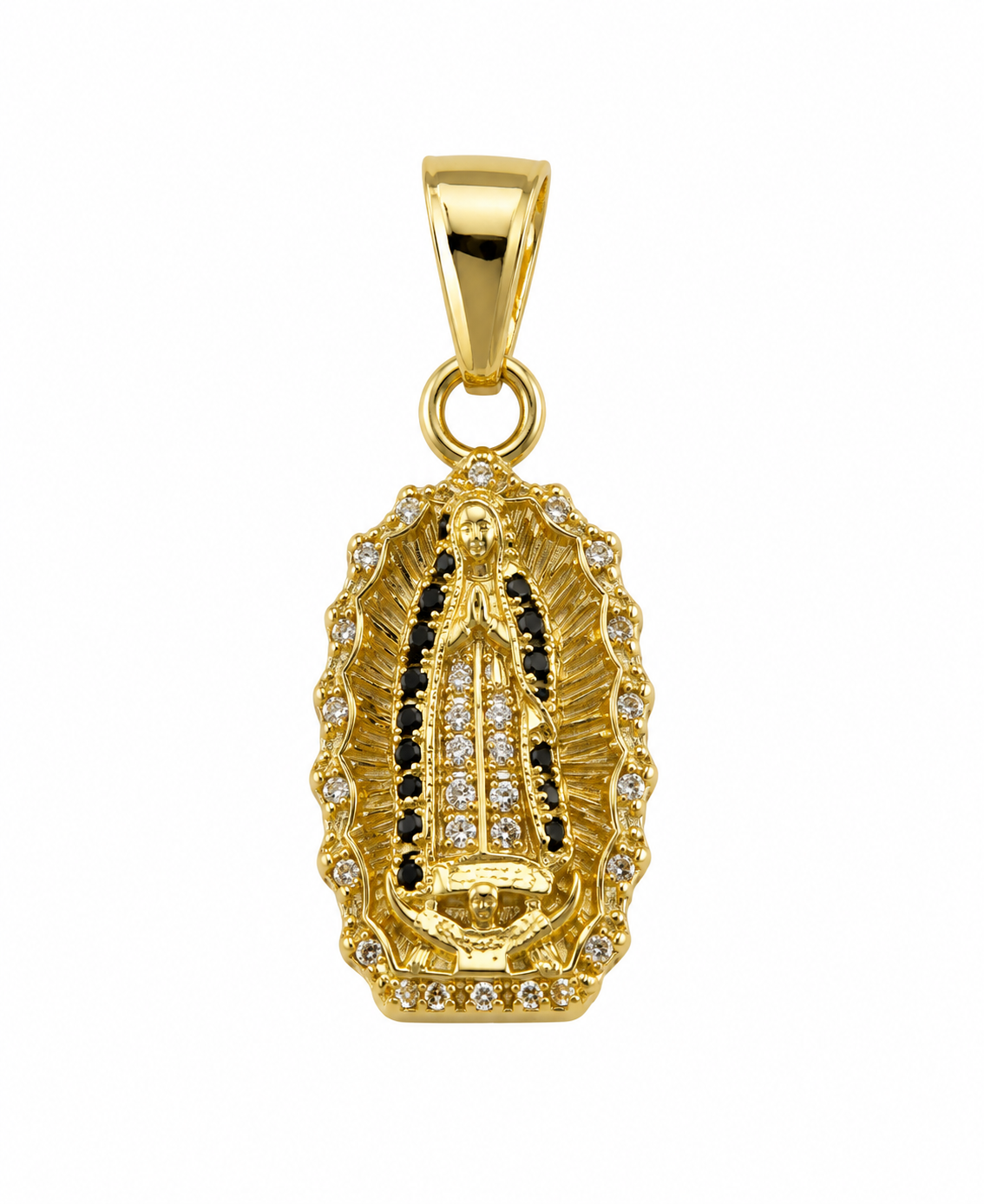 Dije Virgen Guadalupe Circon Blanco y Negro Oro amarillo 18k +2 / 2,00 Gr / 10,40 mm / 1,7 Cm