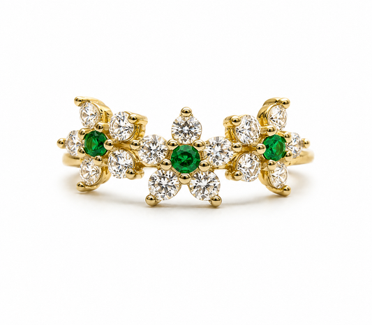 Anillo Flor Circon Blanco y Verde Oro amarillo 18k / Talla 7 1/2 / 1,78 Gr / 7,40 mm